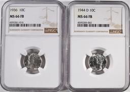 1936 & 44-D MERCURY DIMES, NGC MS-66 FB