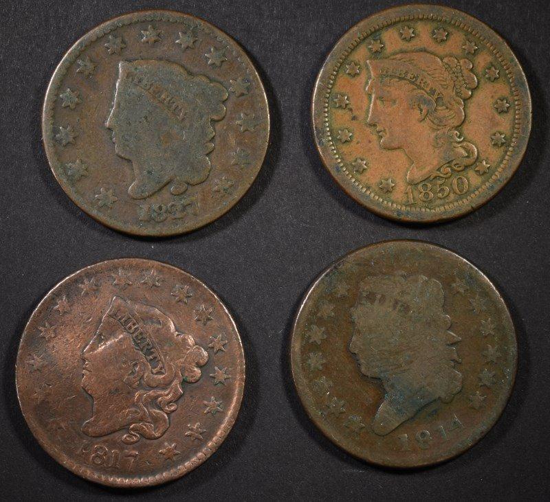 1814 G+, 1817 VG, 1827 G+, & 1850 VF LARGE CENTS