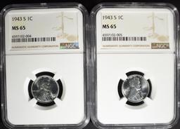 2- 1943-S LINCOLN STEEL CENTS, NGC MS-65