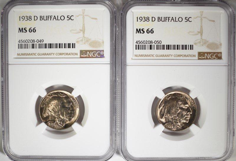 2-1938-D BUFFALO NICKELS, NGC-MS66