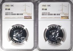 2- 1963 FRANKLIN HALF DOLLARS, NGC-PF68