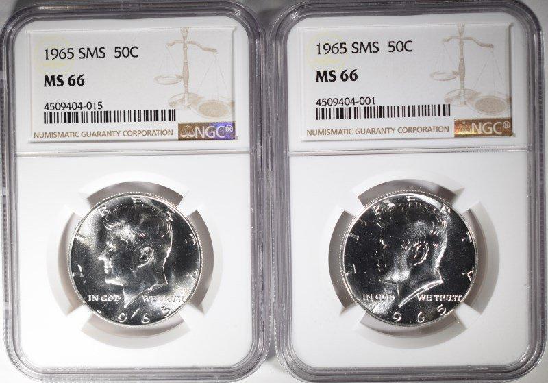 2-1965 SMS KENNEDY HALF DOLLARS, NGC-MS 66