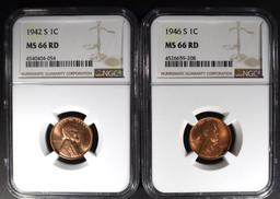 1942-S & 1946-S LINCOLN CENTS NGC MS66 RD