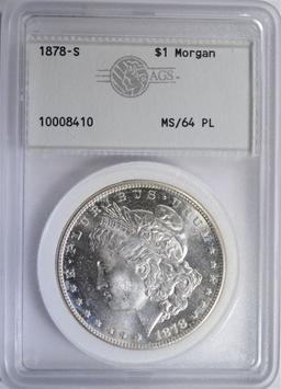 1878-S MORGAN DOLLAR, AGS CH/GEM BU PL