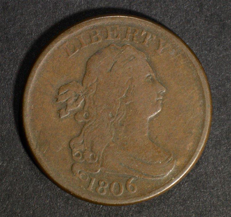 1806 LARGE “6”  NO STEMS DRAPED BUST HALF CENT, VF