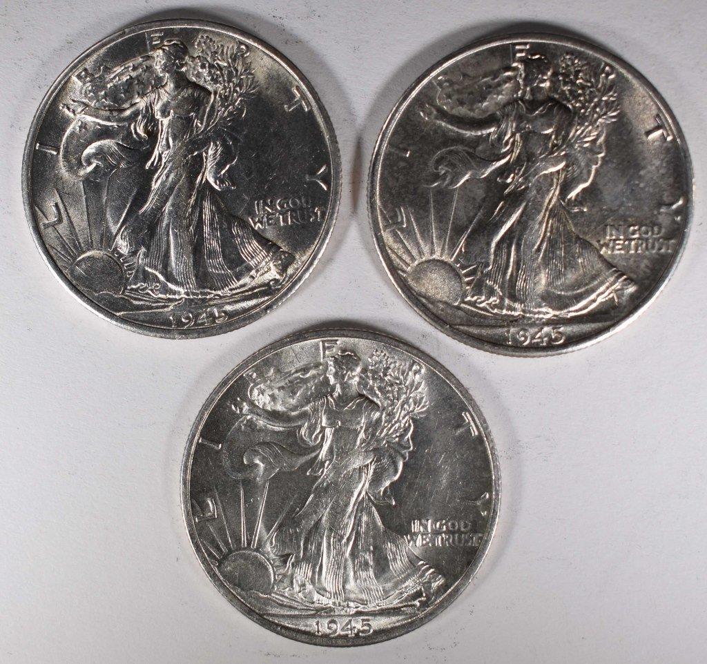 3-1945-S CH BU WALKING LIBERTY HALVES, BETTER DATE