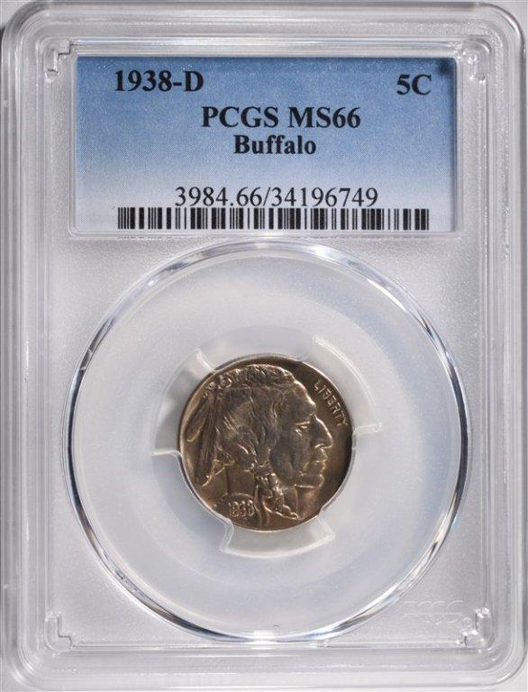 1938-D BUFFALO NICKEL, PCGS-MS66