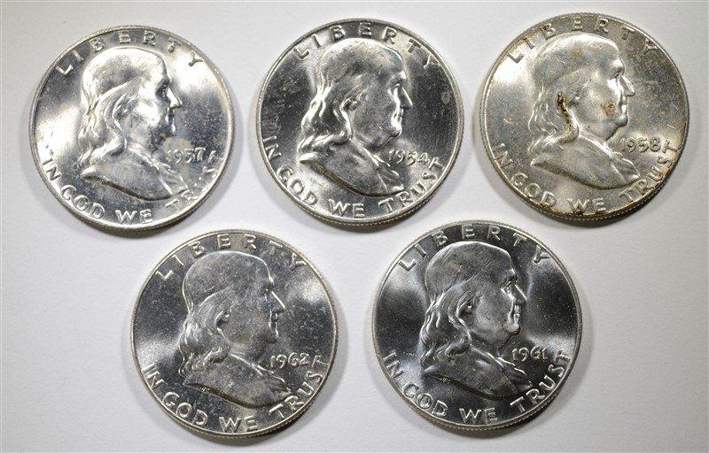 1954-D, 57-D, 58, 61 & 62 GEM BU FRANKLIN HALVES