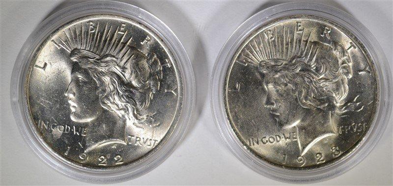 1922 & 1923 PEACE SILVER DOLLARS, CH BU