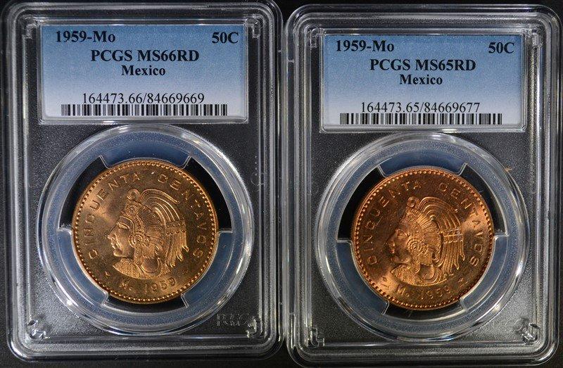 2-1959 Mo MEXICO 50 CENTAVOS, PCGS MS-65 & 66 RED