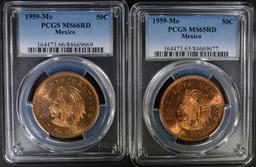 2-1959 Mo MEXICO 50 CENTAVOS, PCGS MS-65 & 66 RED