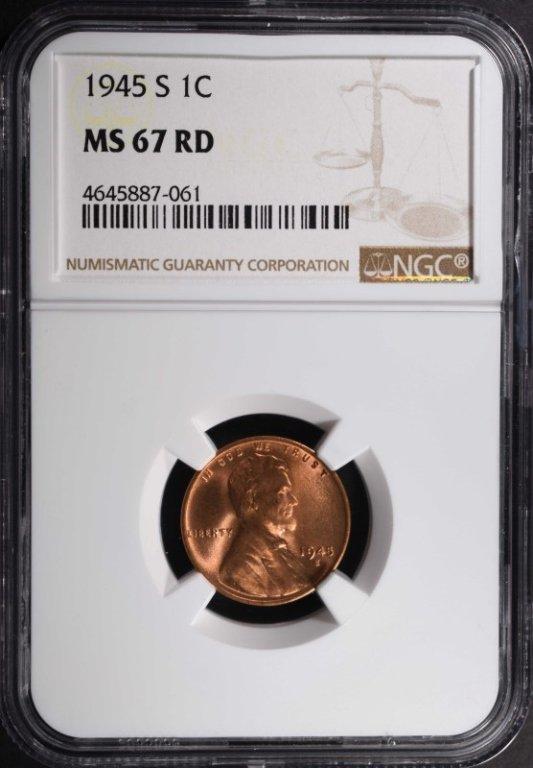 1945-S LINCOLN CENT, NGC MS-67 RED