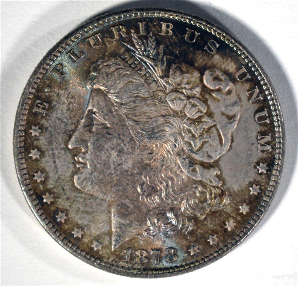 1878 7F MORGAN DOLLAR, GEM BU+ RAINBOW COLORS