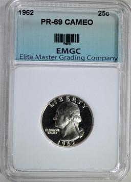 1962 WASHINGTON QUARTER, EMGC SUPERB GEM+ PROOF CA