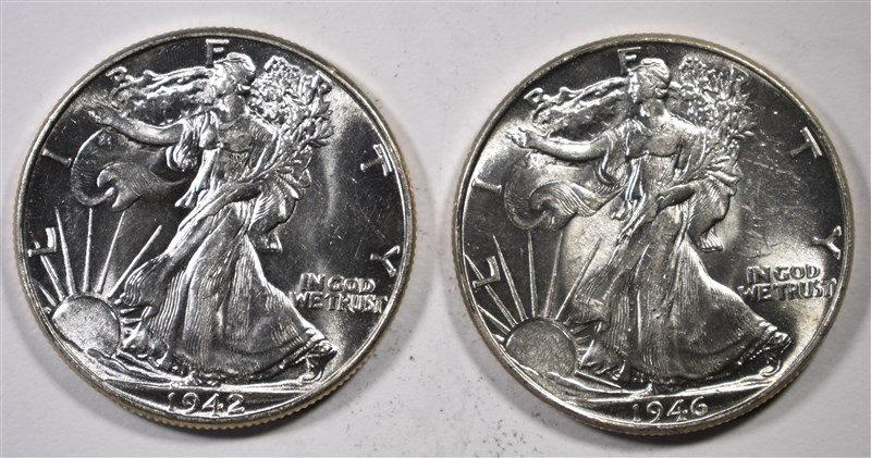 1942 & 1946 WALKING LIBERTY HALF DOLLARS, CH BU