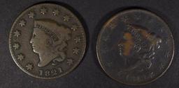 1819 FINE & 1821 VG+ LARGE CENTS