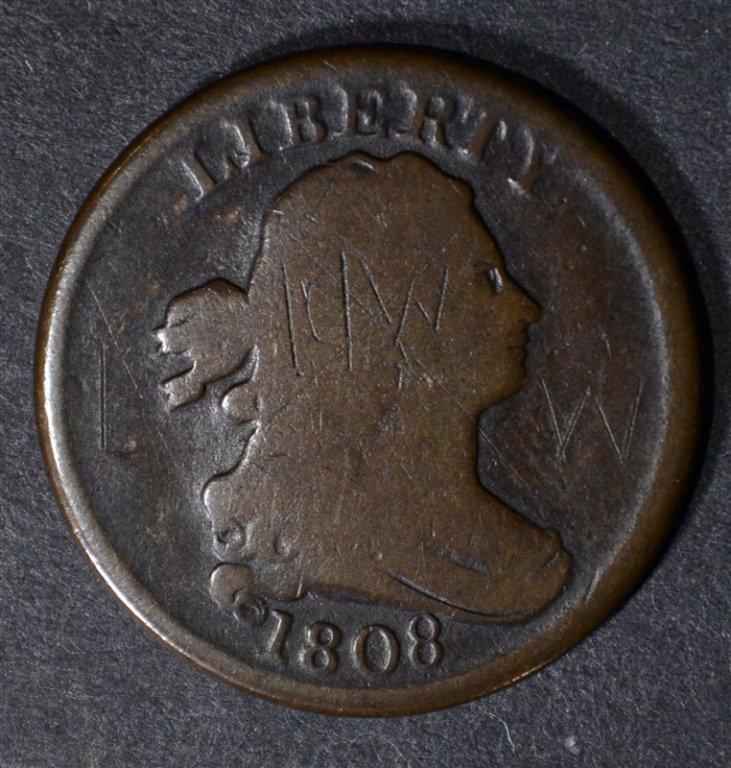 1808 DRAPED BUST HALF CENT, GOOD+ marks obv