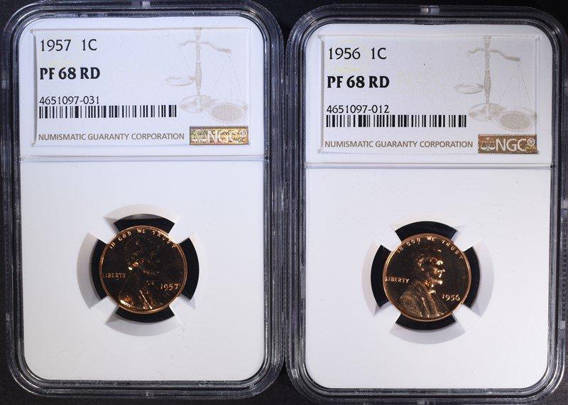 1956 & 57 LINCOLN CENTS, NGC PF-68 RED