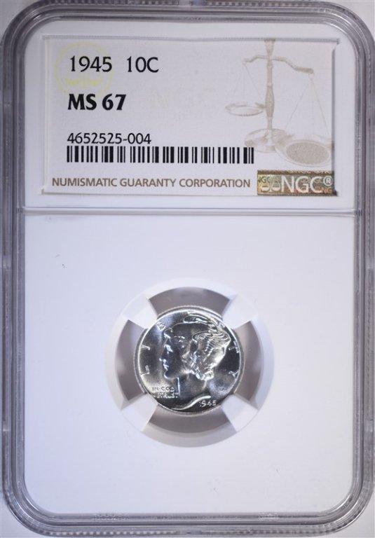 1945 MERCURY DIME, NGC MS-67