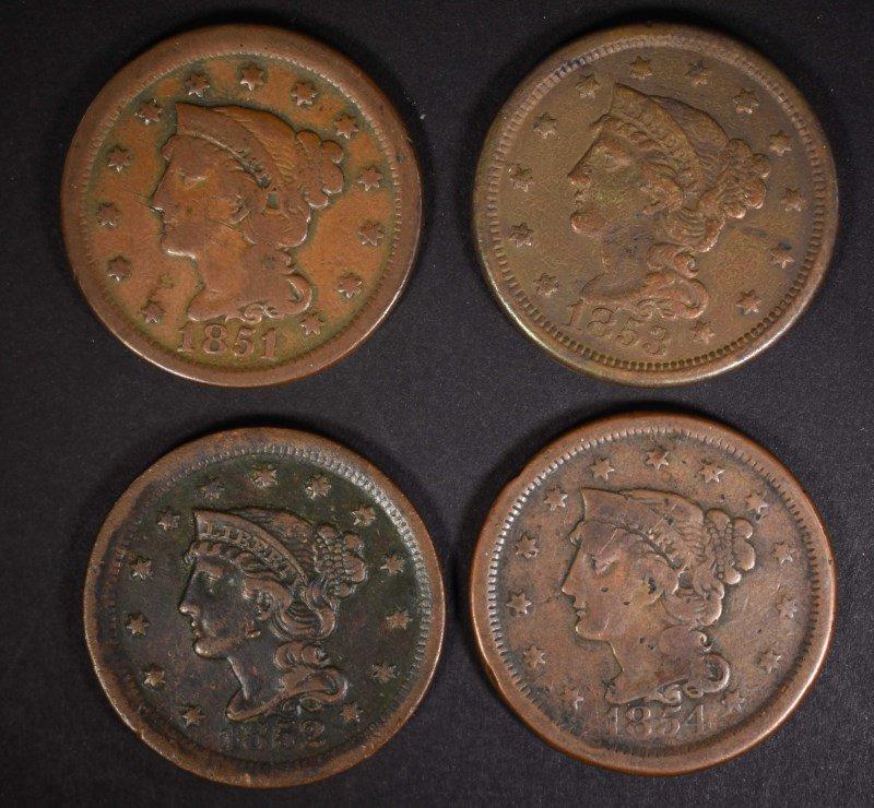 1851 VG, 1852 VF, 1853 F, 1854 VG LARGE CNETS