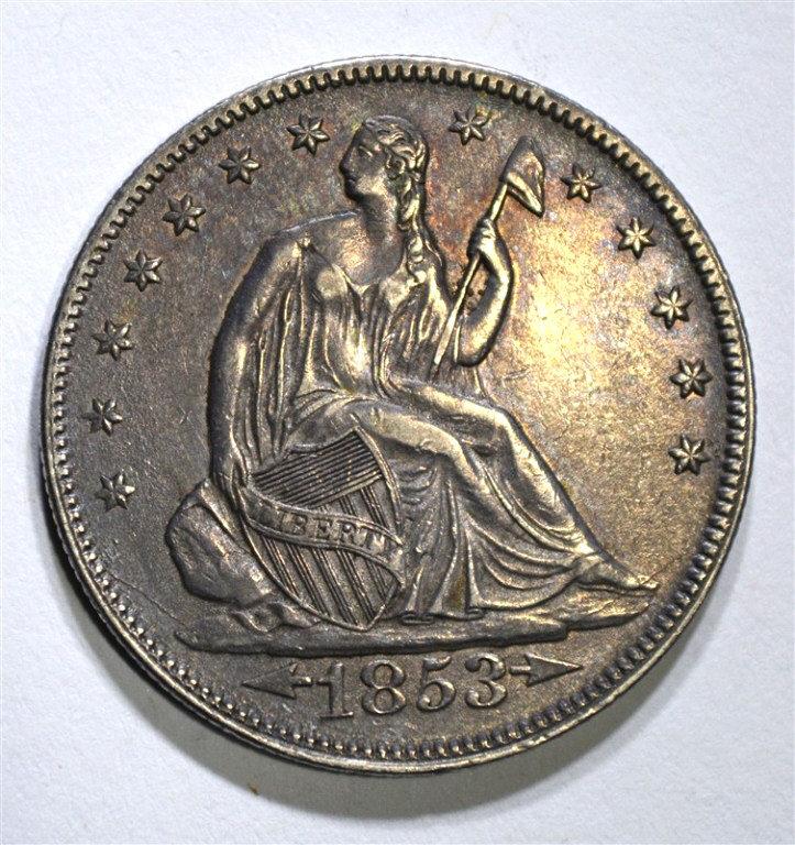 1853 ARROWS & RAYS SEATED HALF, CH AU ORIGINAL!