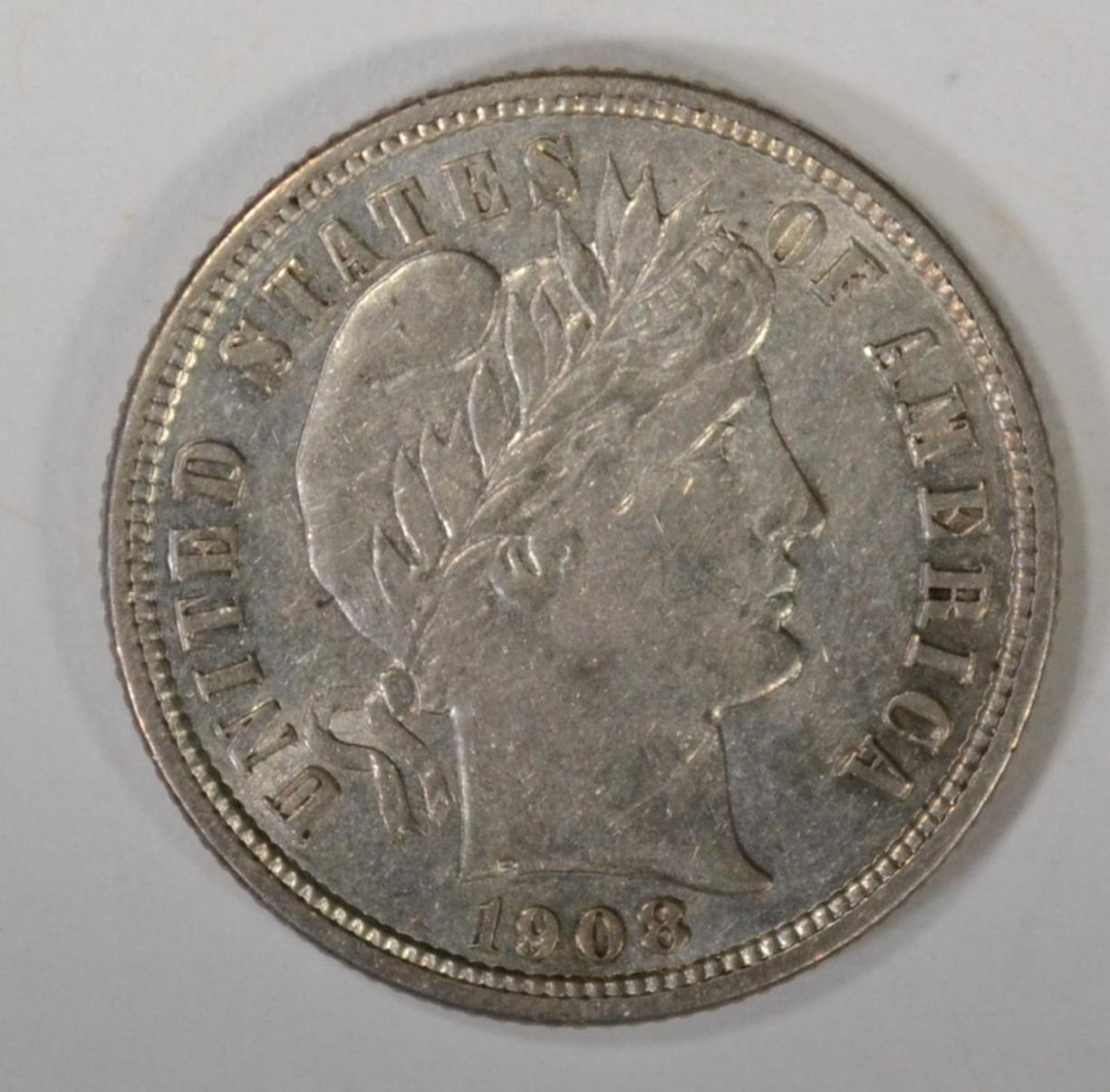 1908-S BARBER DIME, AU/BU