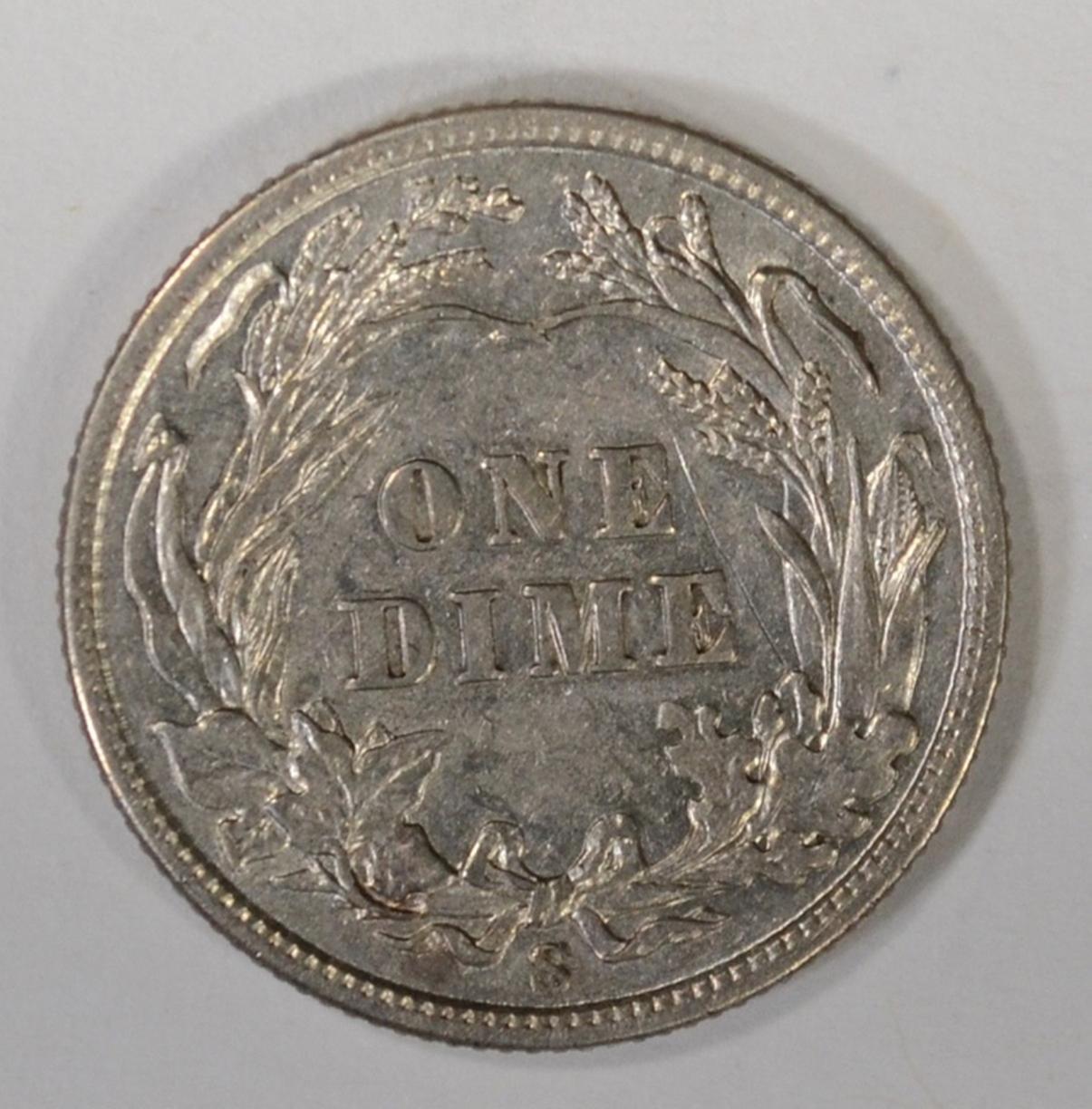 1908-S BARBER DIME, AU/BU