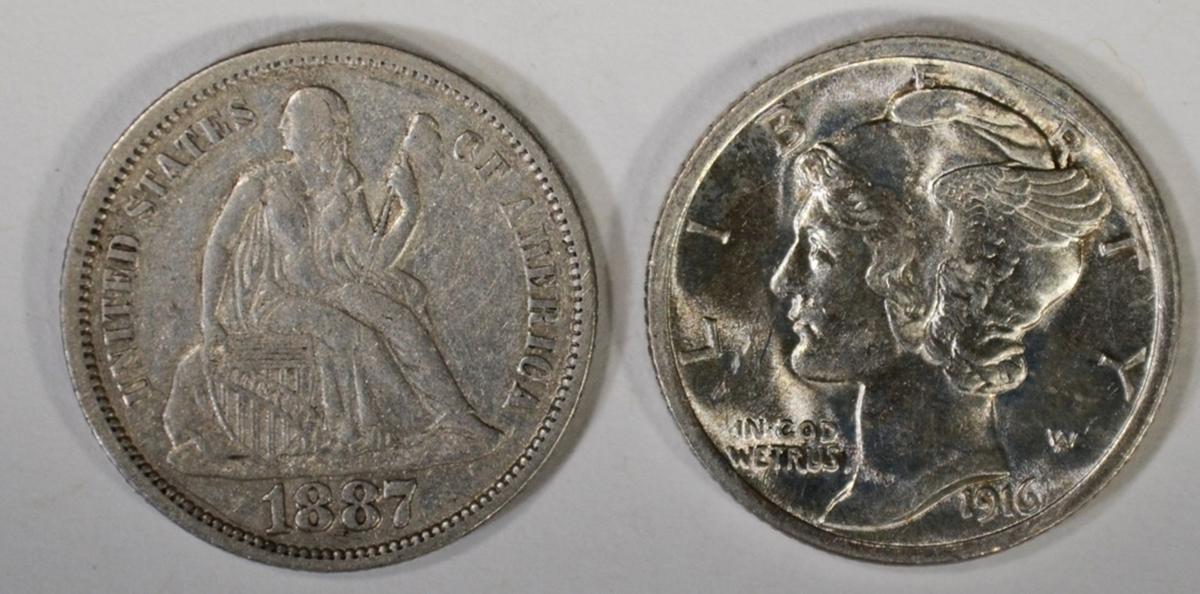 1887 SEATED XF & 1916 MERCURY CH BU DIMES