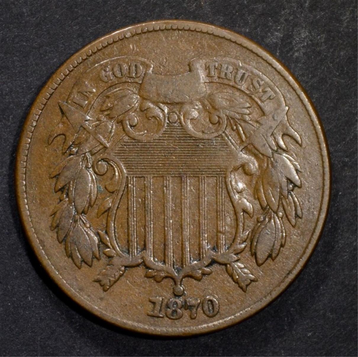 1870 TWO CENT PIECE, VF KEY DATE