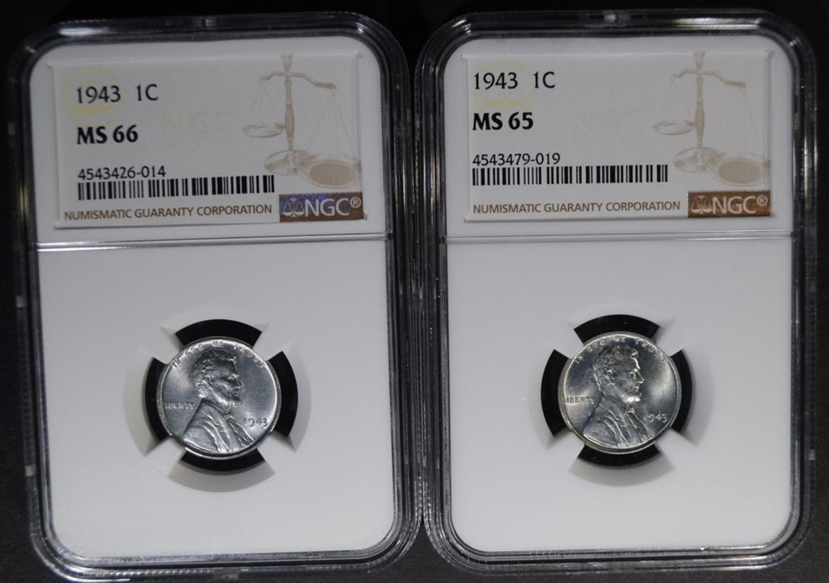 2 - 1943 STEEL CENT NGC MS65 & MS66