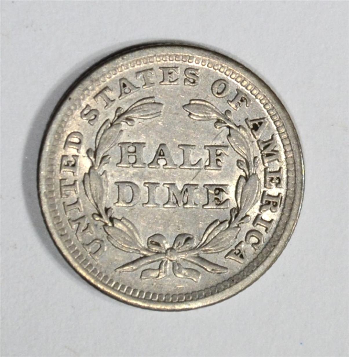 1842 SEATED HALF DIME, AU++/CH BU