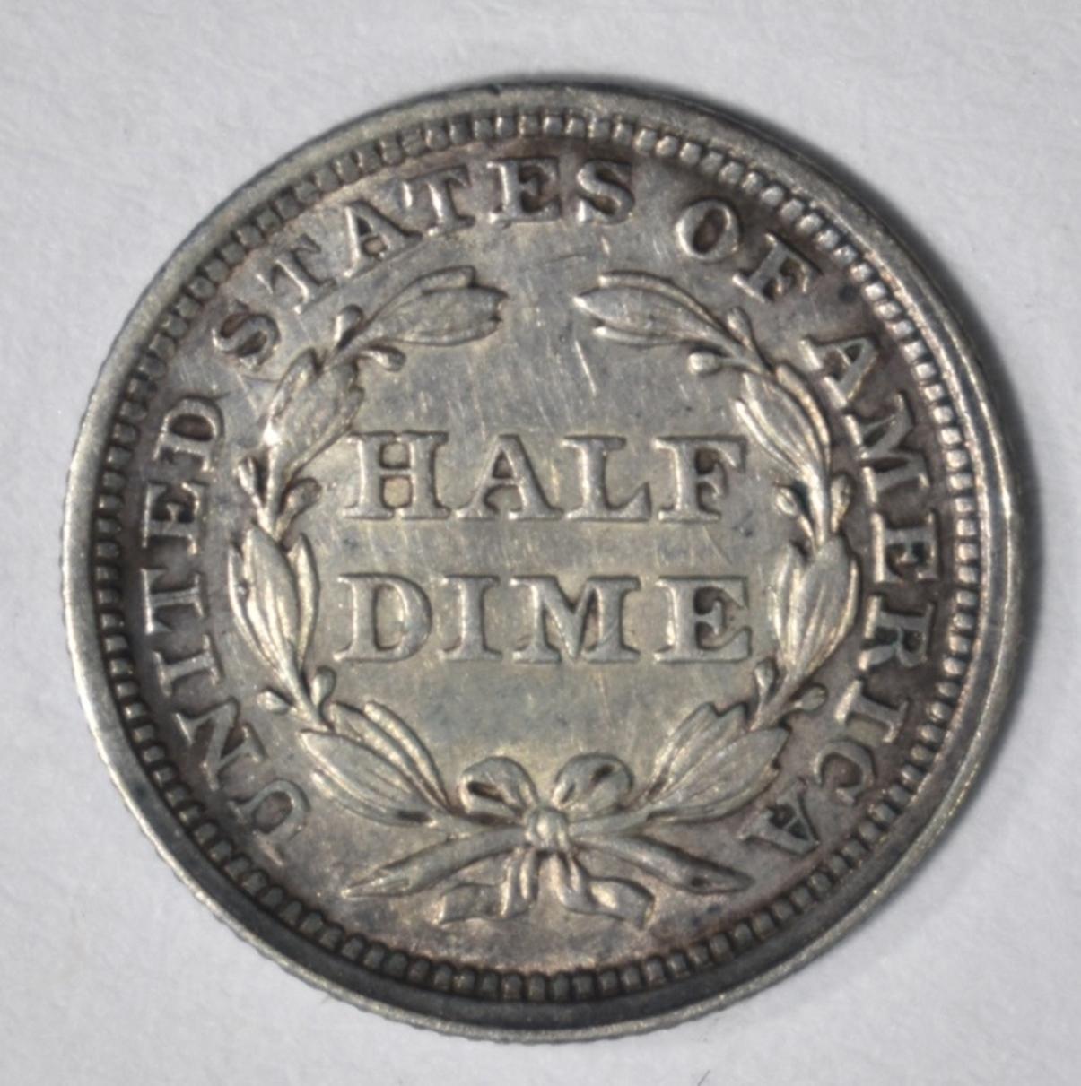 1859 SEATED HALF DIME, AU+
