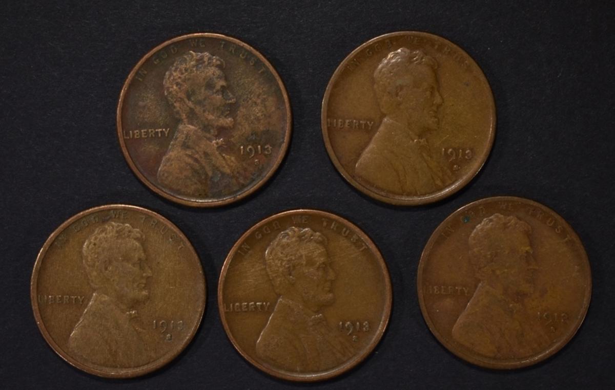 (5) 1913-S LINCOLN CENTS VF