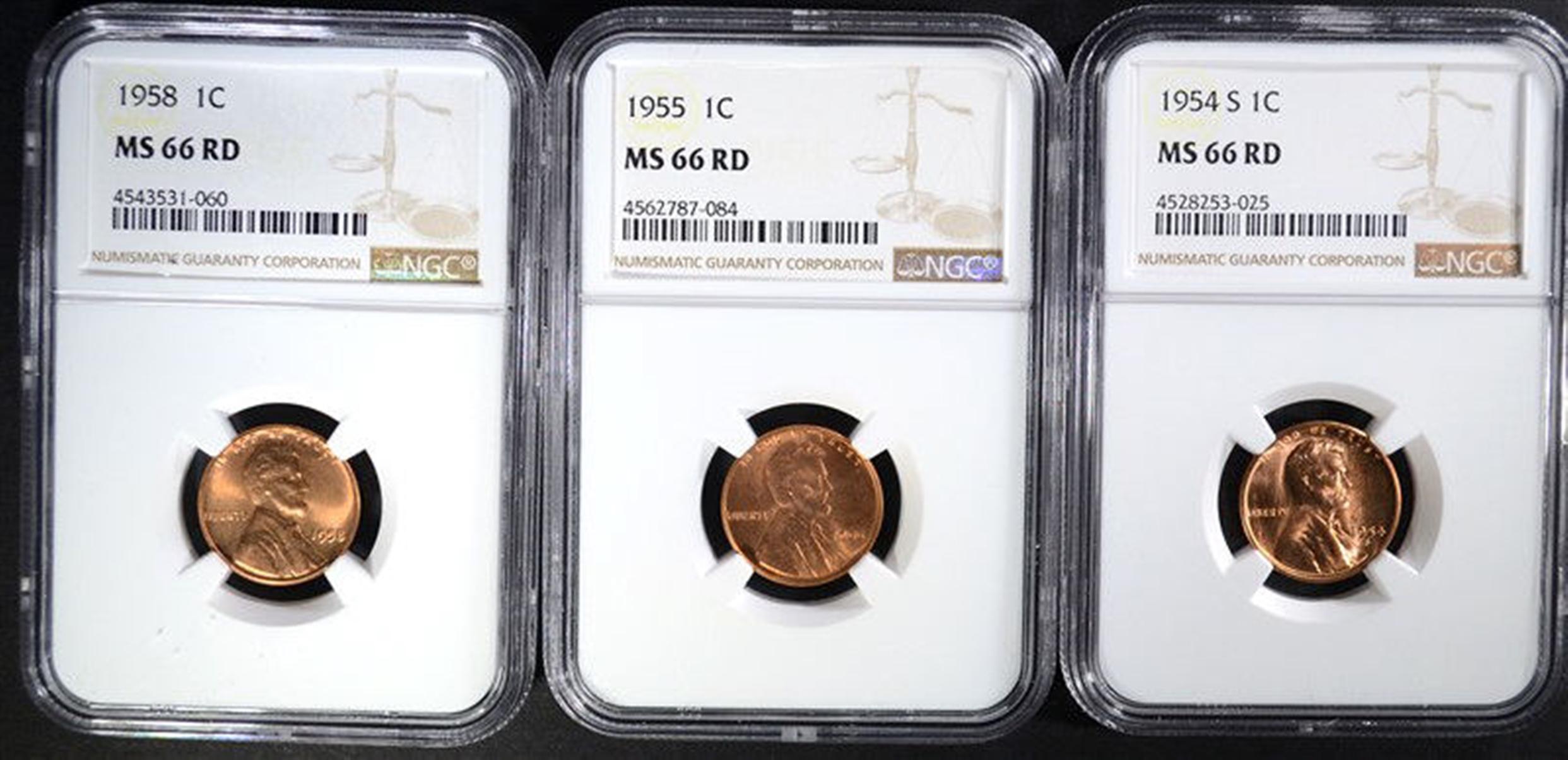 1954-S, 1955, 1958 NGC MS66 RD LINCOLN CENTS