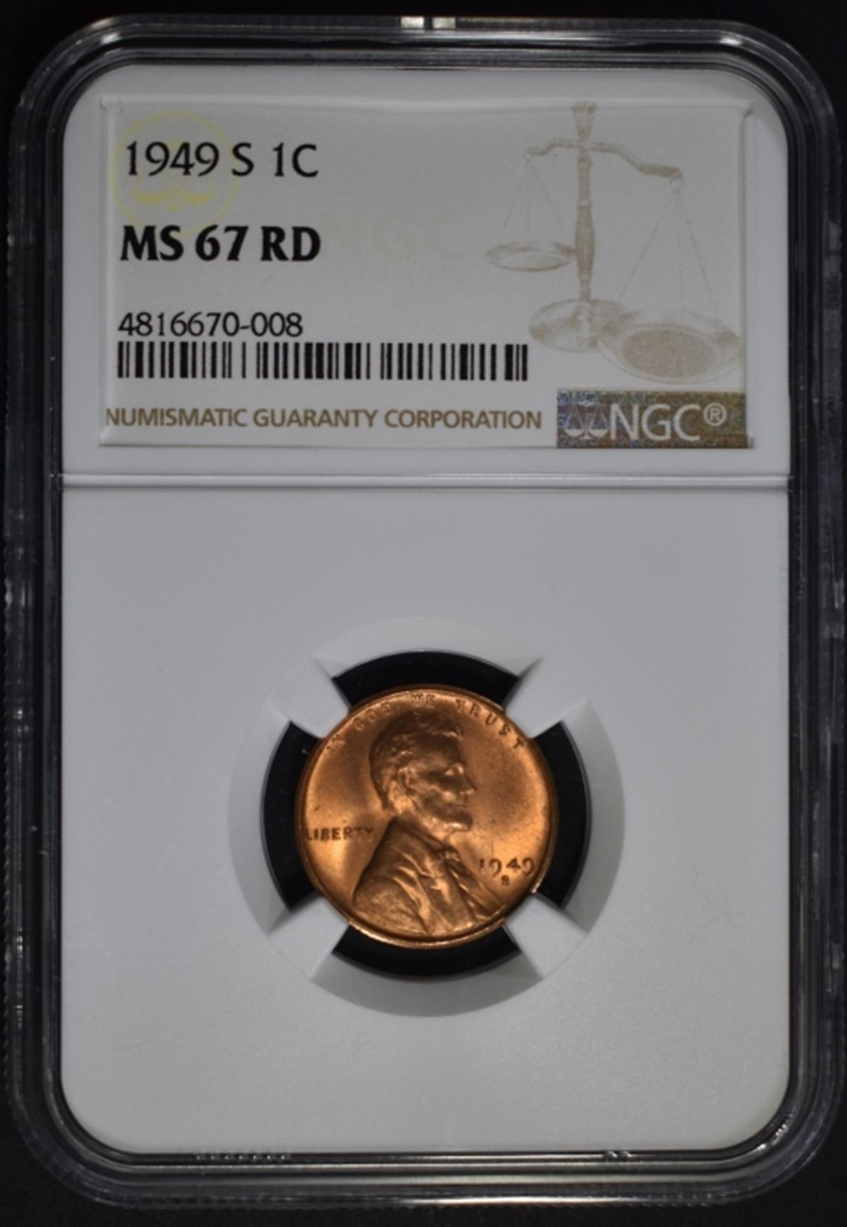 1949-S LINCOLN CENT, NGC MS-67 RED