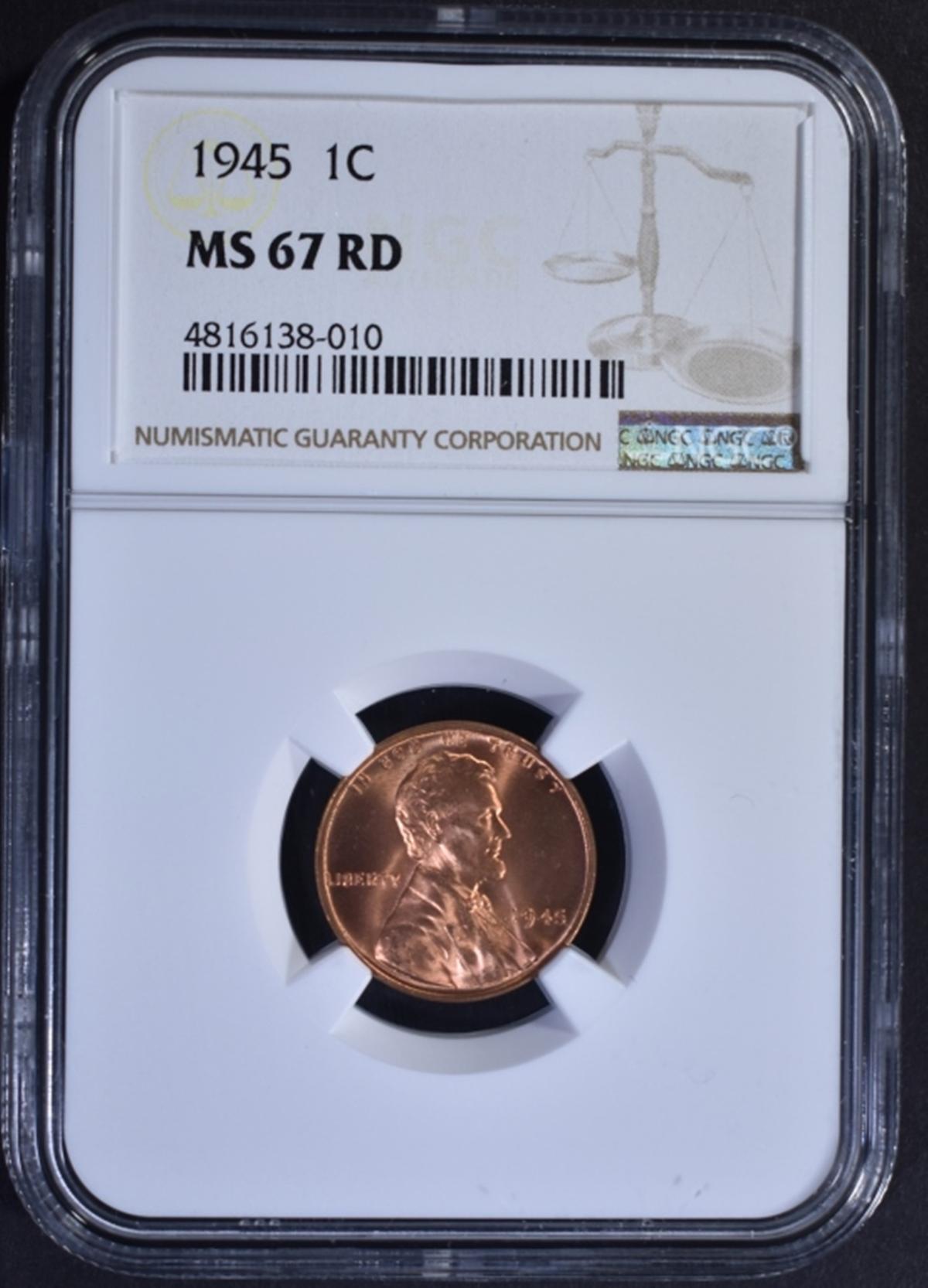 1945 LINCOLN CENT, NGC MS-67 RED