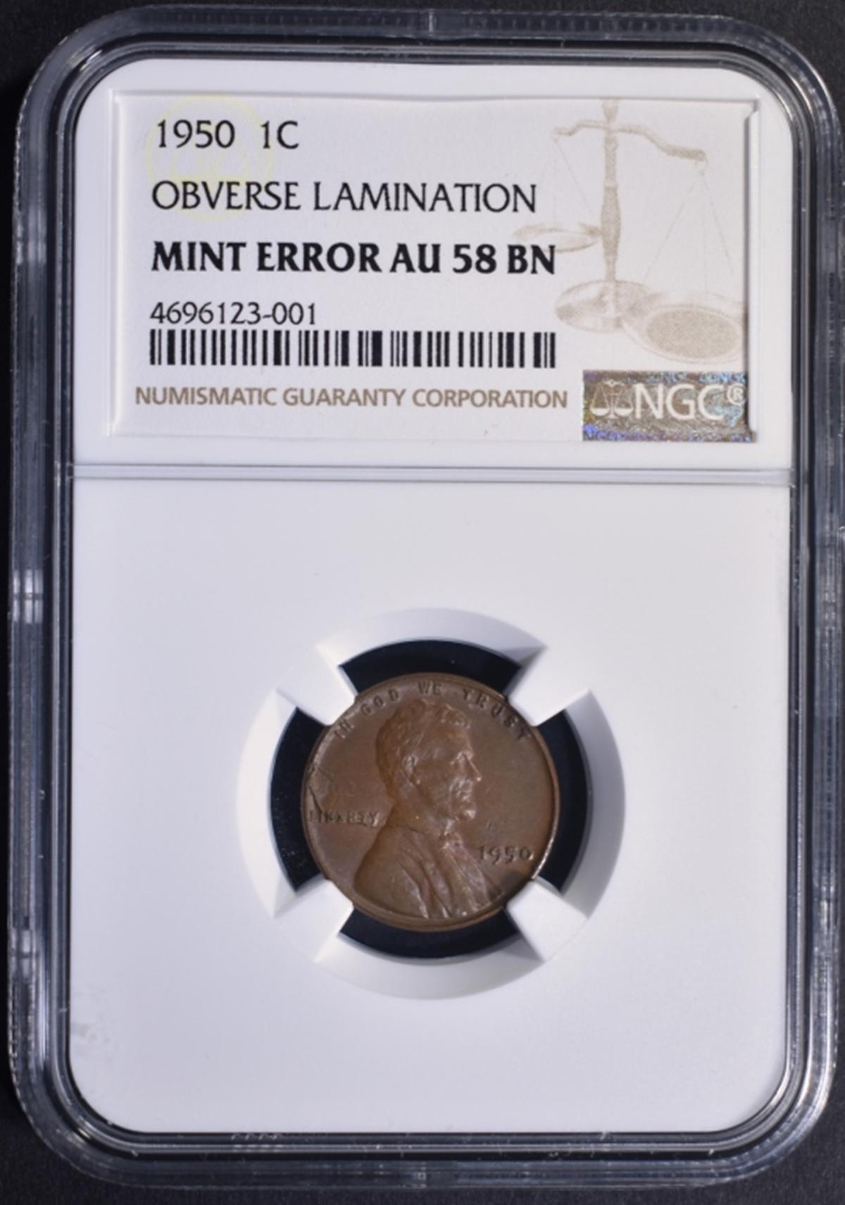 1950 MINT ERROR LINCOLN CENT, NGC AU-58 BN