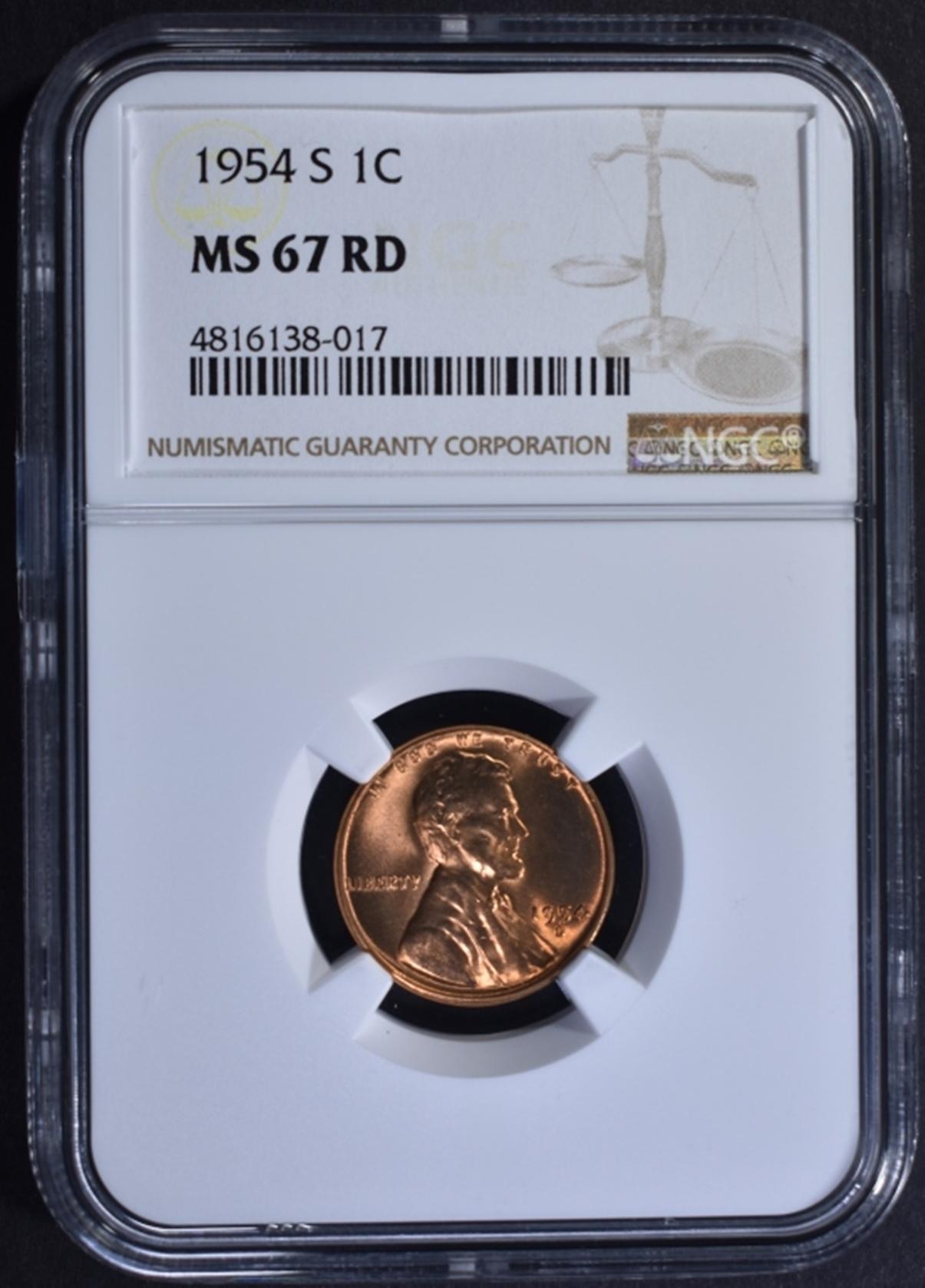 1954-S LINCOLN CENT, NGC MS-67 RED