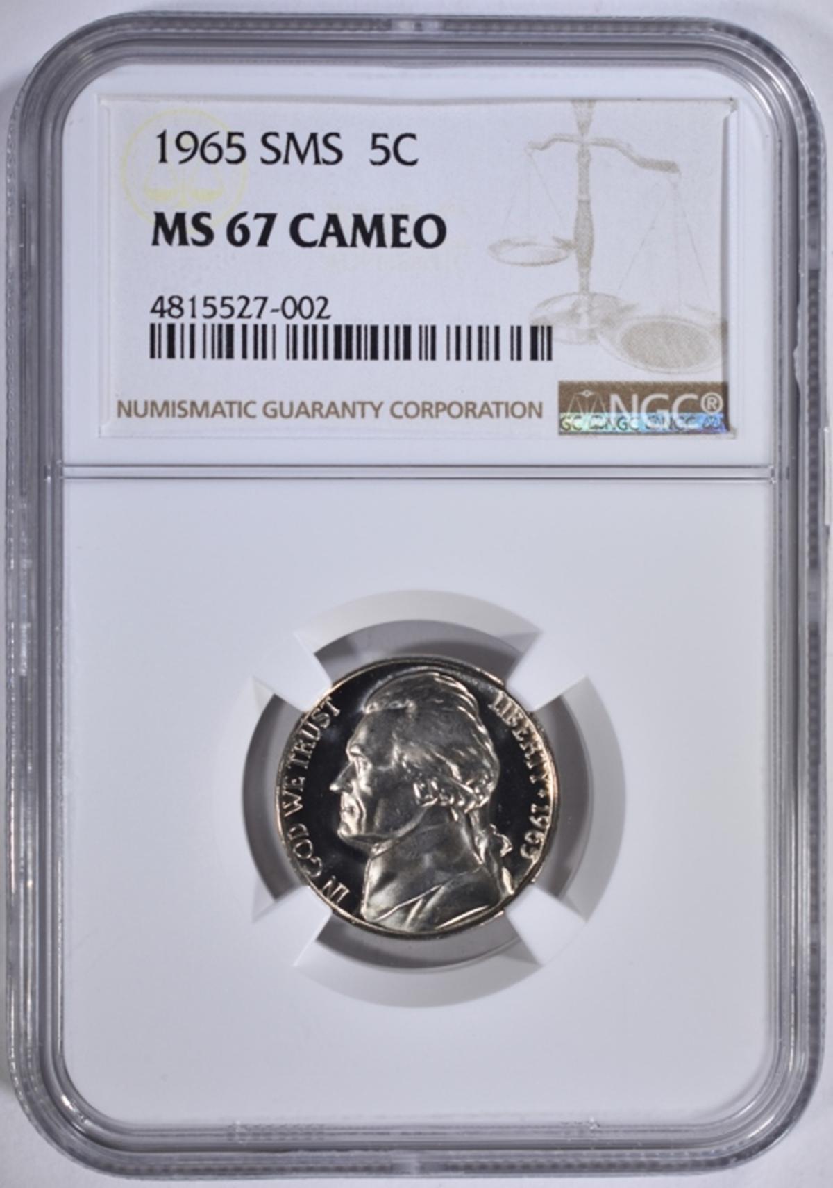 1965 SMS JEFFERSON NICKEL, NGC MS-67 CAMEO