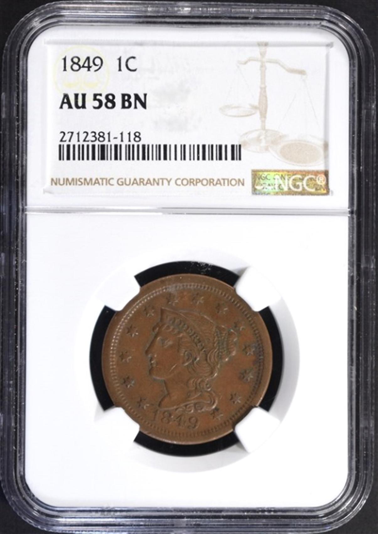 1849 LARGE CENT, NGC AU-58 BN KEY DATE