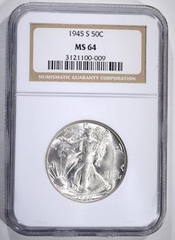 1945-S WALKING LIBERTY HALF, NGC MS-64