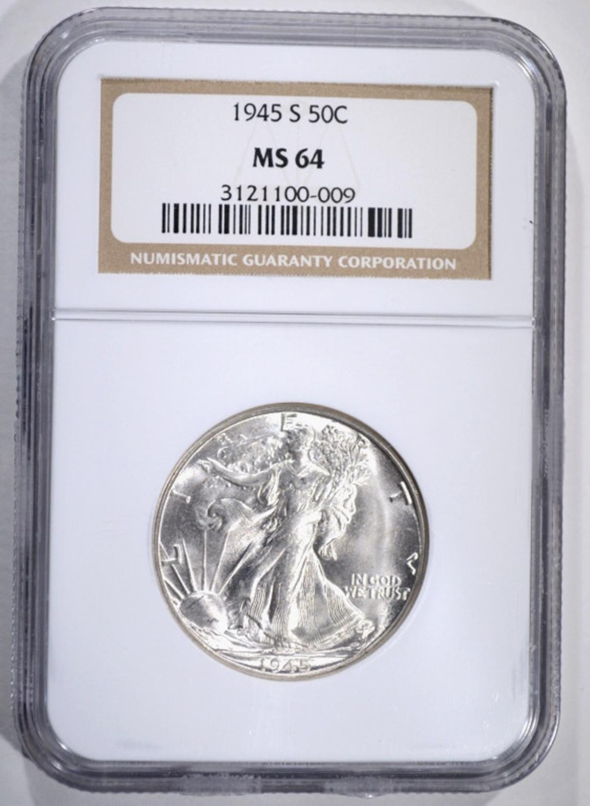 1945-S WALKING LIBERTY HALF, NGC MS-64