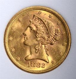 1882-S $5.00 GOLD LIBERTY, WHSG SUPERB GEM BU