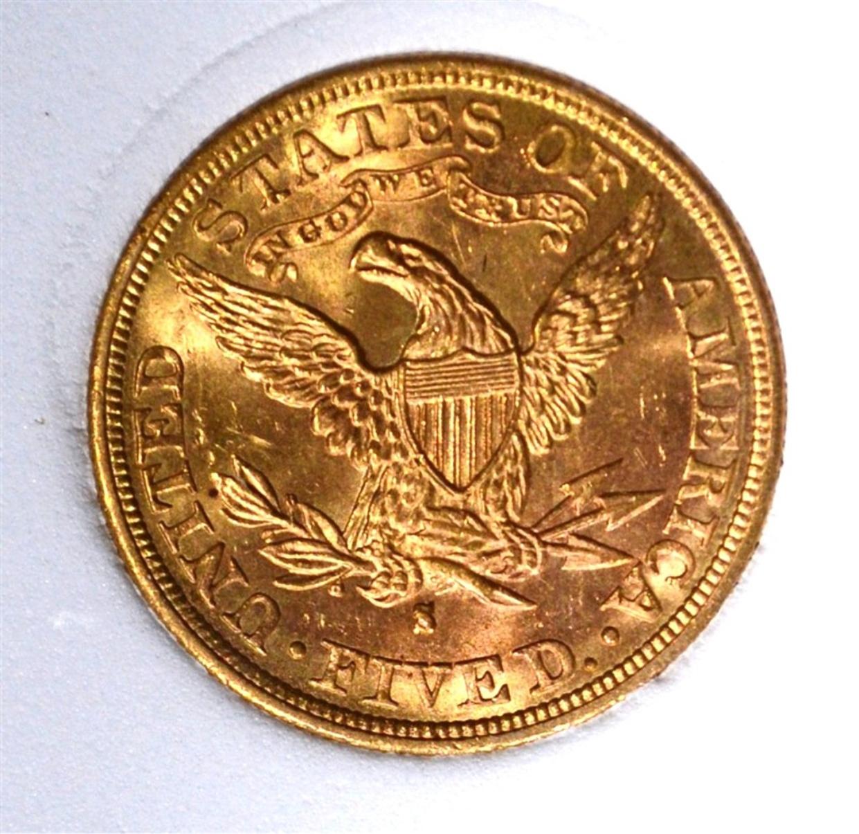 1882-S $5.00 GOLD LIBERTY, WHSG SUPERB GEM BU
