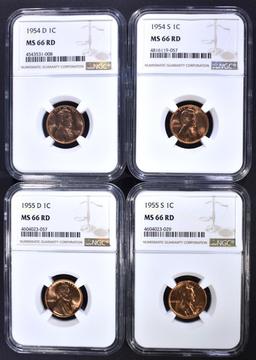 1954-D,S, & 55-D,S LINCOLN CENTS NGC MS-66 RD