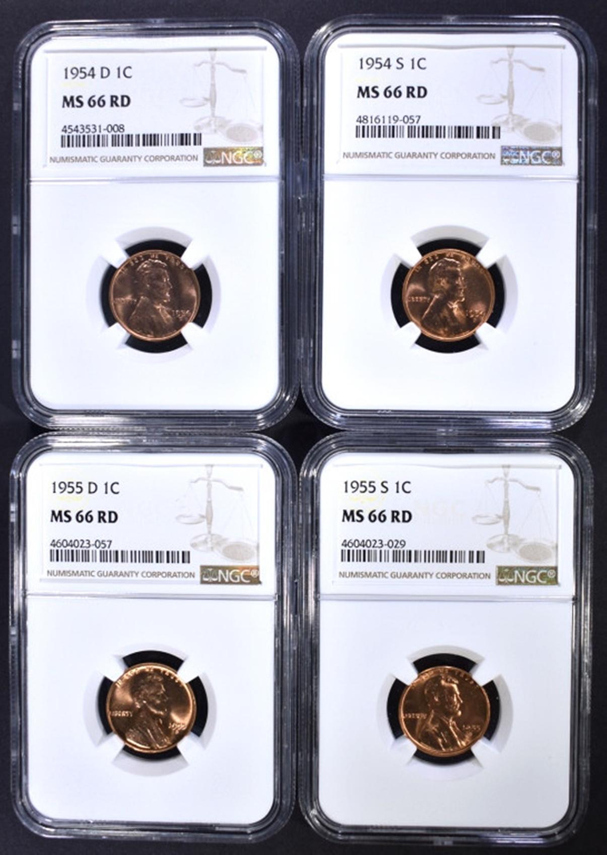 1954-D,S, & 55-D,S LINCOLN CENTS NGC MS-66 RD