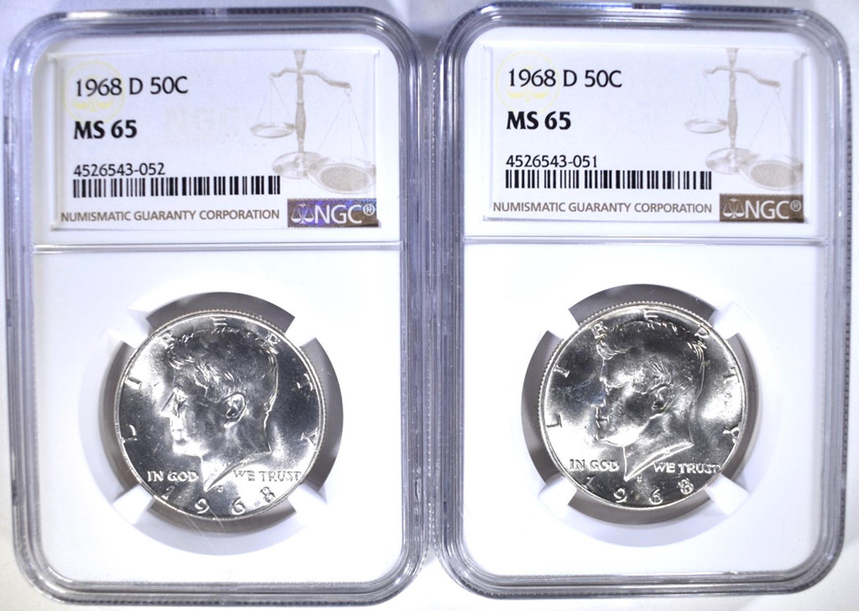 2-1968-D KENNEDY HALF DOLLARS, NGC MS-65