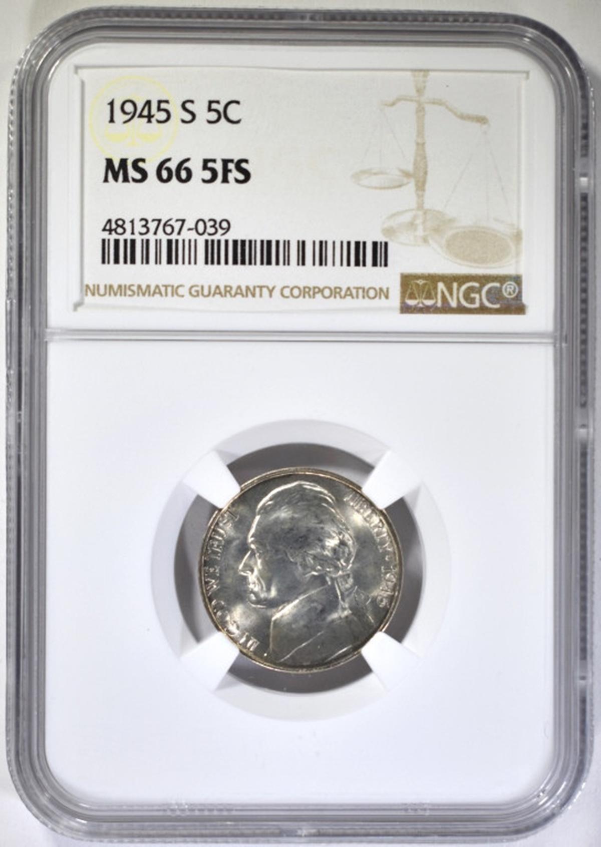 1945-S JEFFERSON SILVER NICKEL, NGC MS-66 FS