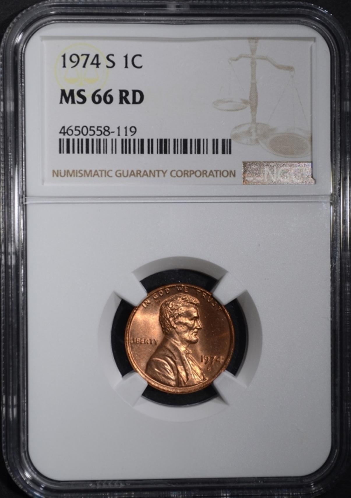 1974-S LINCOLN CENT, NGC MS-66 RED