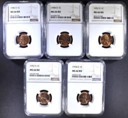 5 LINCOLN CENTS NGC MS-66 RD